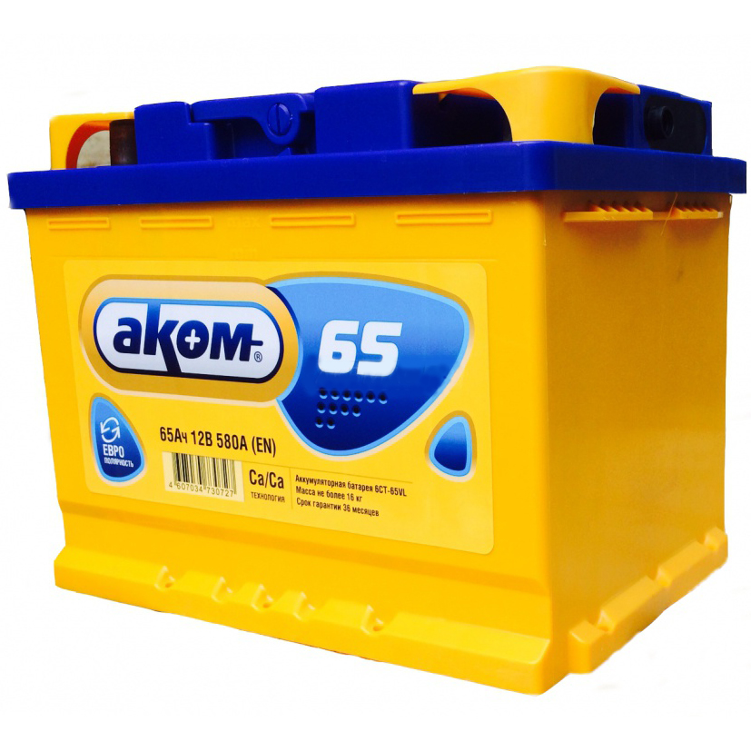 Аккумулятор легковой Akom 6СТ-65VL 65А/ч 600А 12В обратная полярн. стандартные (Европа) клеммы
